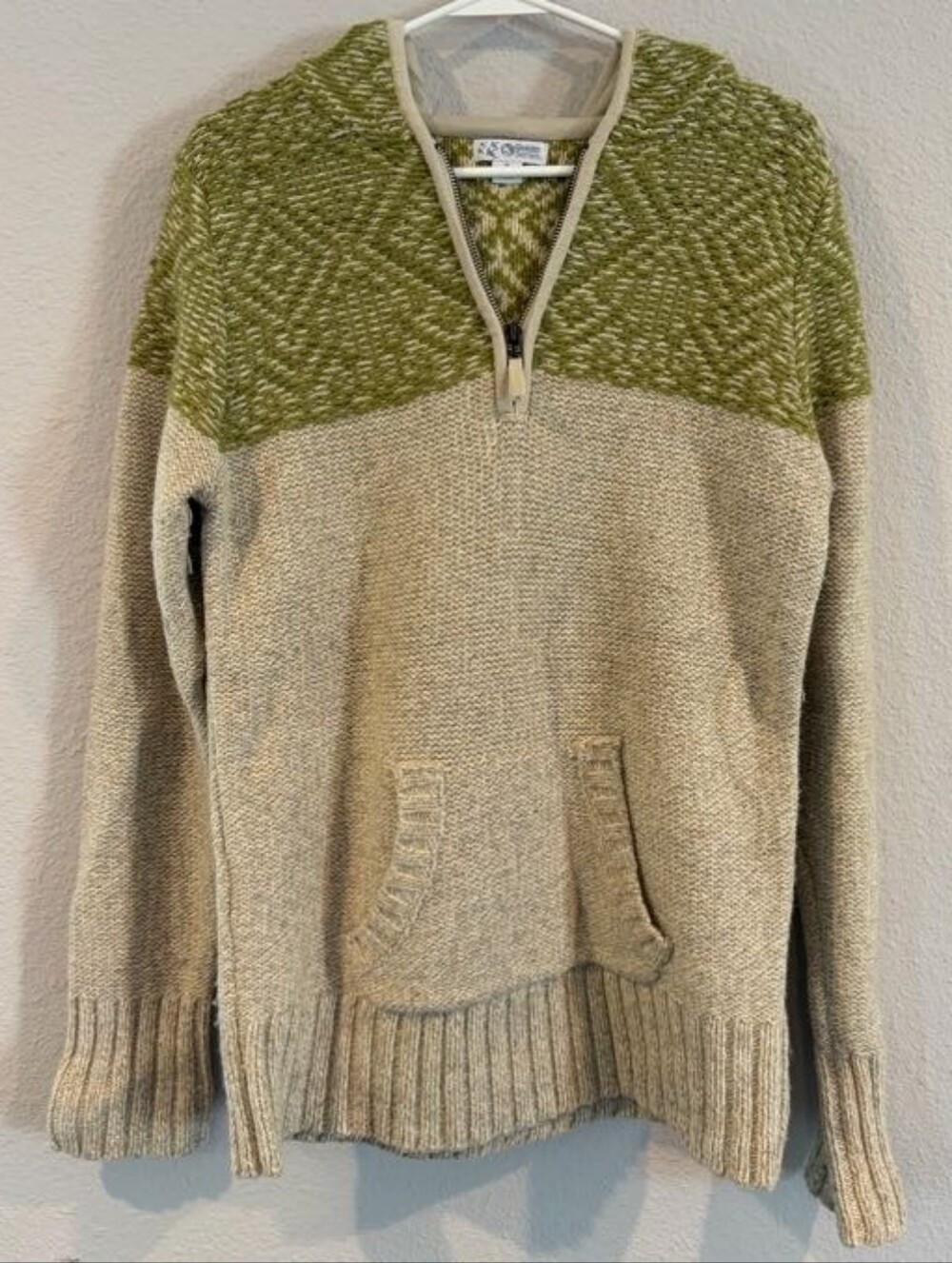 Guide Series Womens Cream Green 1/4 Zip Hooded Wool Blend Pullover Sweater SZ‎ M